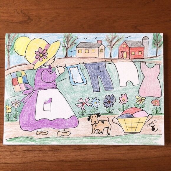 5 PA Folk Art Blank Note Cards Hand Made Country Evelopes Vtg Farm Wash Birthday - Picture 5 of 10